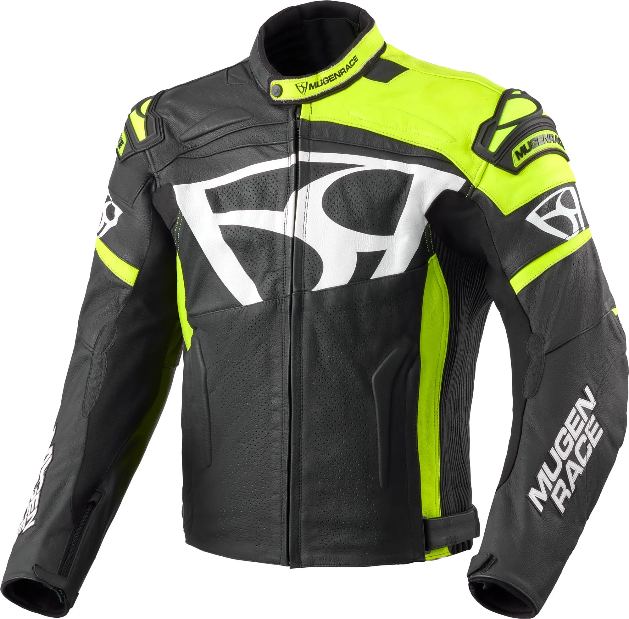 MUGENRACE Aggressore Motorcycle Leather Jacket  black/white/neon-yellow