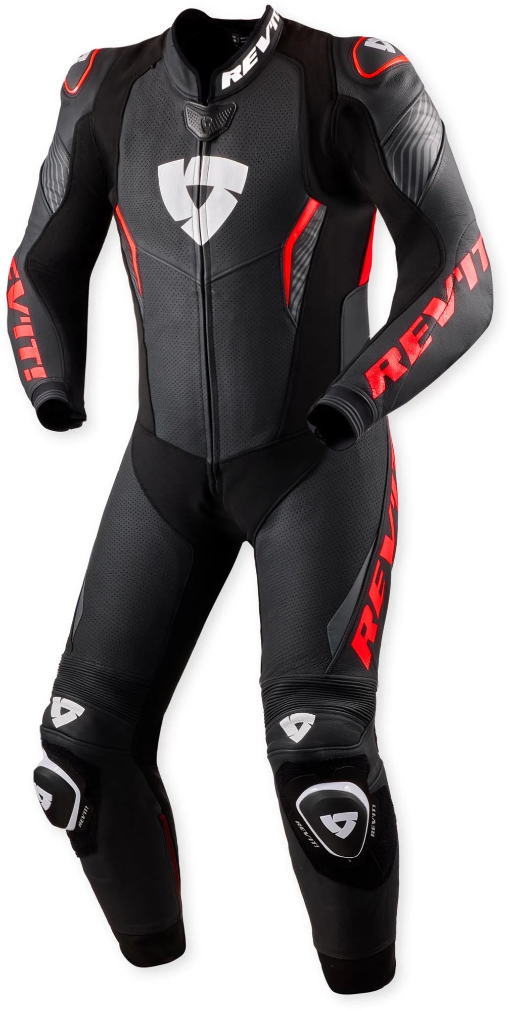 Revit Argon 3 perforated One Piece Motorcycle Leather Suit black/neon-red