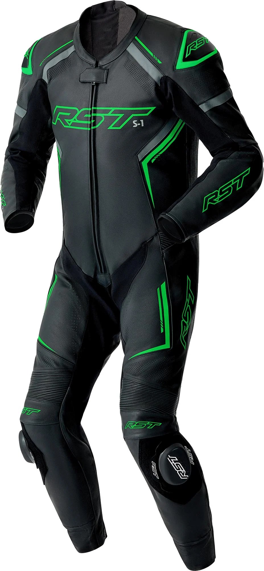 RST S1 D3O perforated 1-Piece Motorcycle Leather Suit black/neon-green