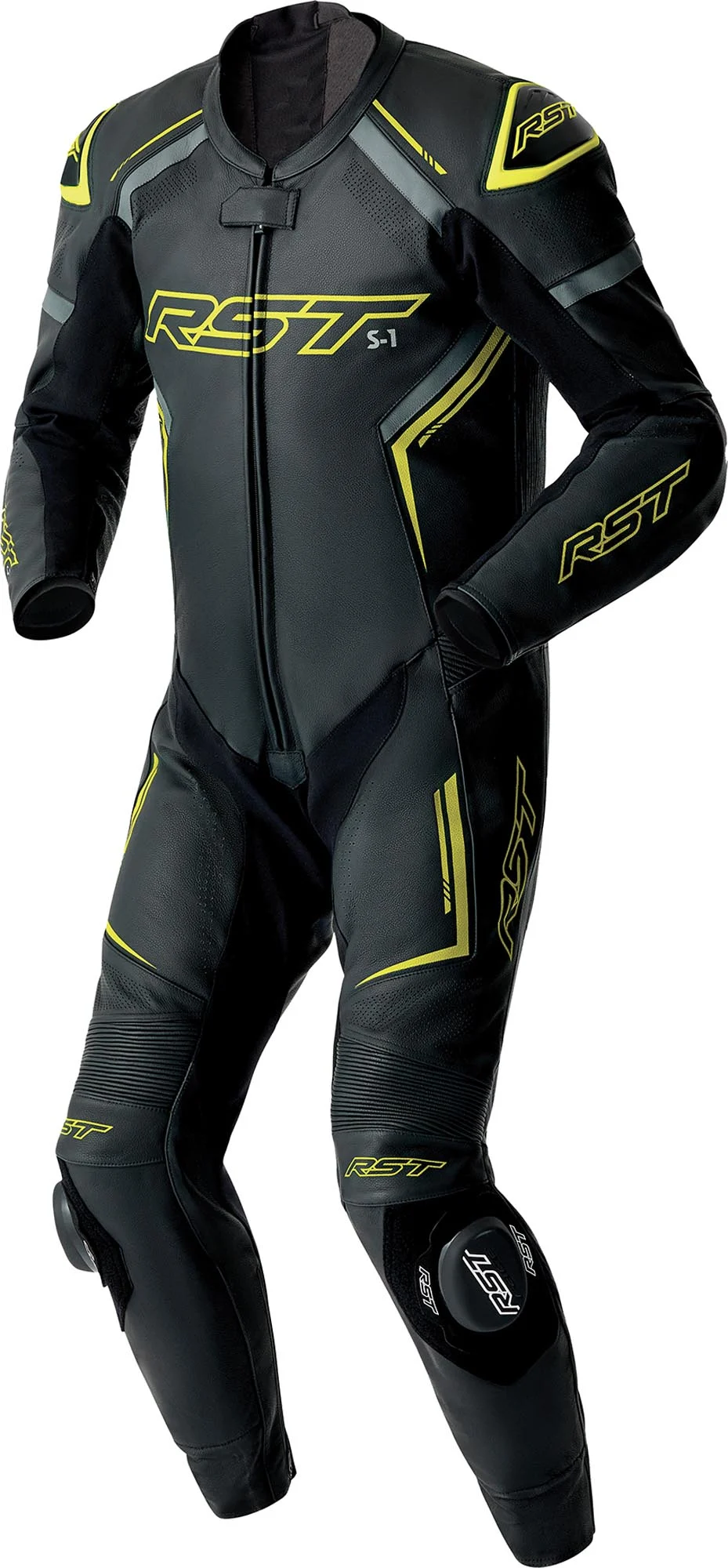 RST S1 D3O perforated 1-Piece Motorcycle Leather Suit black/neon-yellow